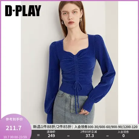 DPLAY2023冬设计感克莱因蓝美背宫廷领修身内搭抽绳针织套头毛衣商品大图