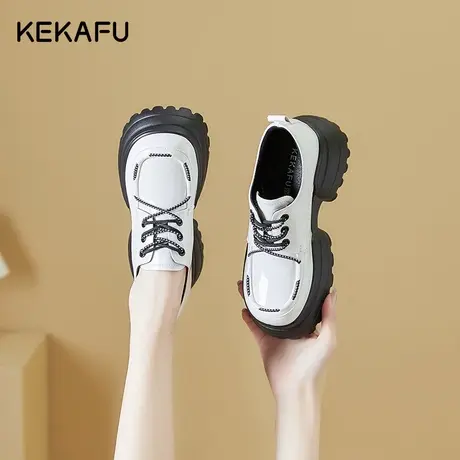 珂卡芙英伦风乐福鞋女2023新款秋季百搭厚底松糕鞋系带白色小皮鞋商品大图