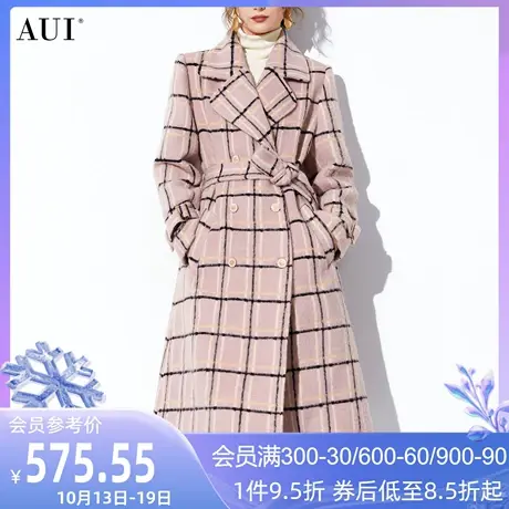 AUI粉色格子中长款毛呢外套女2023秋冬新款欧美高端加厚呢子大衣图片