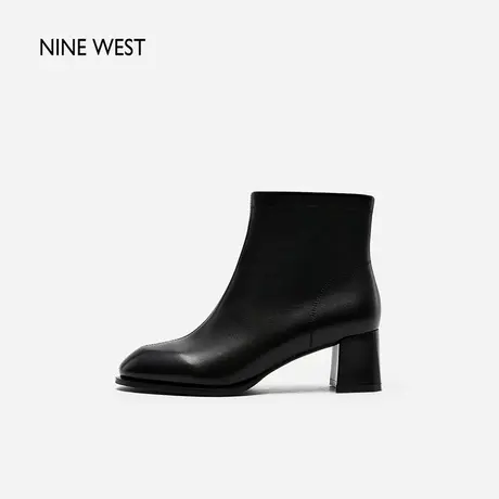 Nine West/玖熙复古粗跟圆头时装靴2023年冬季新品真皮通勤短靴女商品大图