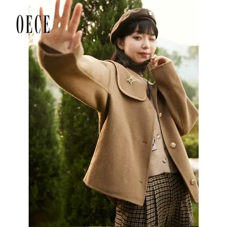 【买1送1】Oece复古短款毛呢外套冬新款女装双面呢子大衣小个子图片