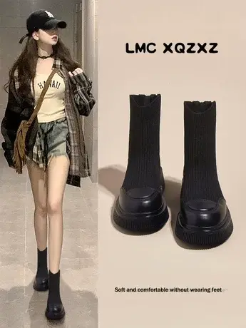 针织袜靴女2023秋新款厚底弹力靴飞织马丁靴女英伦风增高休闲单靴商品大图