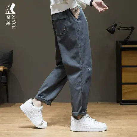 希越男士直筒休闲裤美式潮牌工装裤子宽松大码秋冬款加绒灰色长裤商品大图