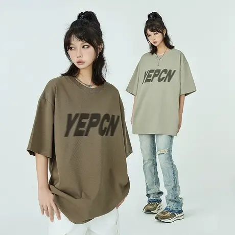 yep潮牌褐色t恤女短袖夏季oversize纯棉美式复古上衣欧美情侣装商品大图
