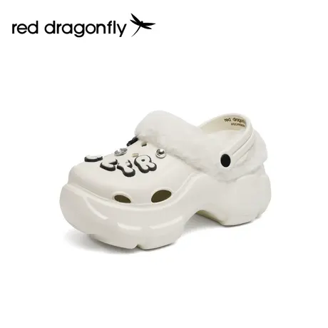 红蜻蜓洞洞鞋女2023年冬季新款潮流时尚加绒厚棉拖鞋圆头撞色鞋子图片