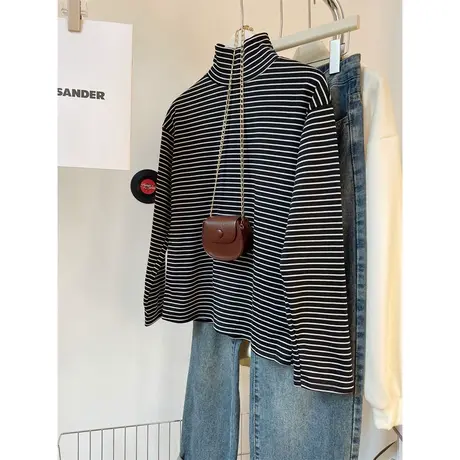 条纹半高领长袖T恤女秋冬内搭加绒保暖打底衫韩版宽松外穿上衣潮商品大图