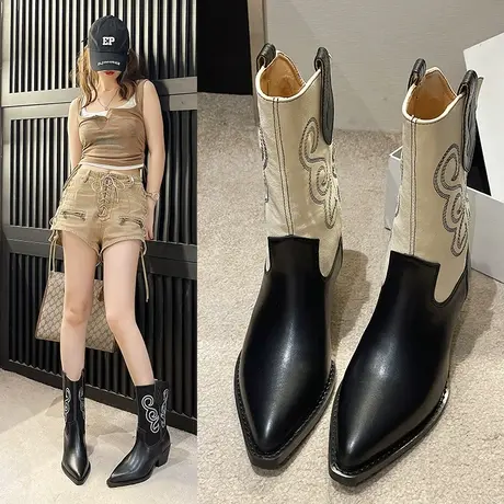 粗跟复古堆堆靴子女秋冬2023新款法式尖头西部牛仔靴瘦瘦靴中筒靴商品大图