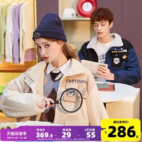 唐狮2023冬季新款情侣棉衣男短款乐一通拼接翻领棉服女款夹棉外套图片