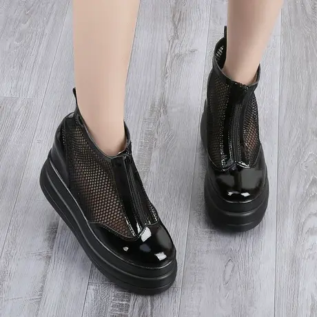 真皮内增高网鞋夏季薄款透气镂空松糕鞋厚底高跟单鞋休闲女鞋10cm商品大图