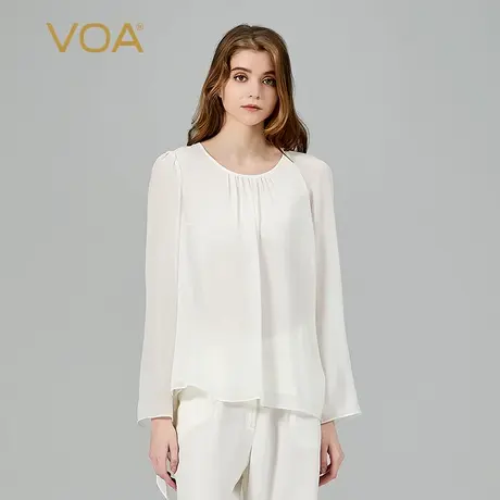 VOA桑蚕丝乔其纱白色圆领长袖立体装饰宽松简约大码双层真丝T恤女图片