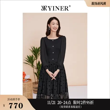 YINER音儿线上专选女装2023春季通勤时尚小黑裙网纱拼接连衣裙图片