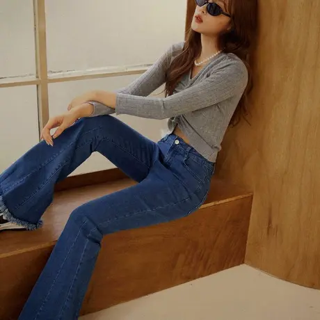 桔熊秋冬季时髦牛仔长裤子女设计裤脚流苏喇叭裤胖妹妹大码BA7343图片