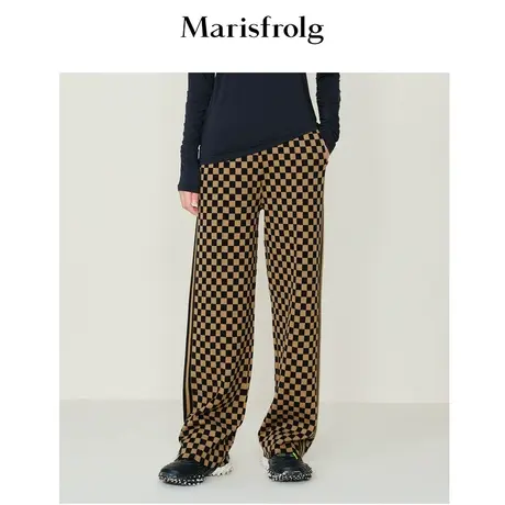 【商场同款】玛丝菲尔休闲裤21冬季新款咖啡色格子纯羊毛直筒裤商品大图