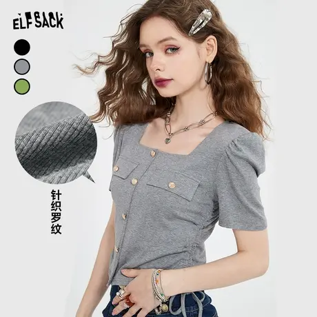 妖精的口袋灰色短袖正肩t恤女2023夏季新款显瘦方领bm风辣妹上衣商品大图