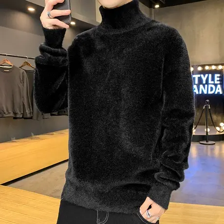 男士水貂绒高领毛衣2025秋冬季韩版潮流宽松加厚保暖针织打底线衫商品大图