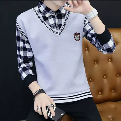 秋冬季假两件毛衣男士衬衫领潮流秋装针织衫加绒加厚上衣v领线衣商品大图