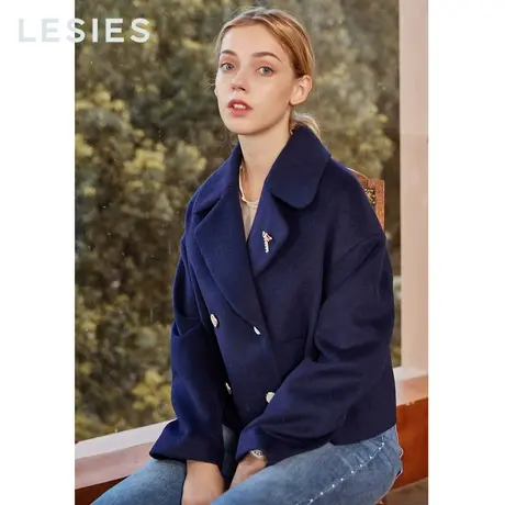 LESIES蓝色倾情秋冬新款翻领双排扣小个子羊毛大衣短款毛呢外套女图片