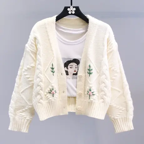 高级感重工刺绣V领毛衣外套女秋冬2023新款宽松慵懒风V领针织开衫图片