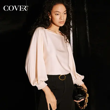 COVER秋季一字领灯笼袖醋酸缎面衬衫商品大图