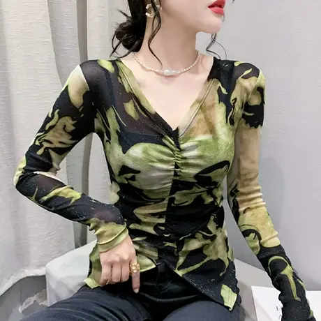 薄款网纱防晒衫女长袖夏季性感V领修身上衣扎染印花时尚洋气T恤商品大图