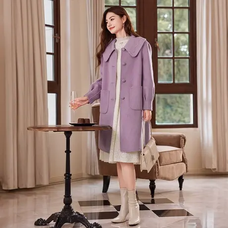 【直播间】香影紫色双面呢大衣女2023秋冬季新款中长呢子娃娃领图片