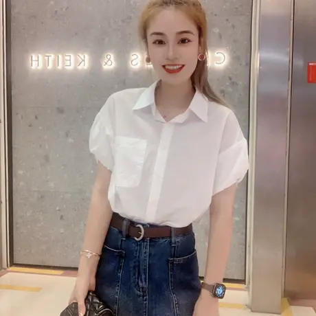欧货小众设计感减龄小清新花苞袖衬衫夏女百搭时尚洋气短袖上衣潮图片