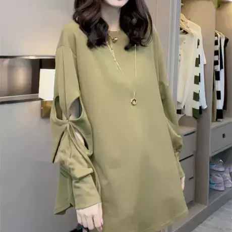 设计感欧货女装2023年春秋新款圆领宽松漏洞系带袖中长款洋气卫衣图片