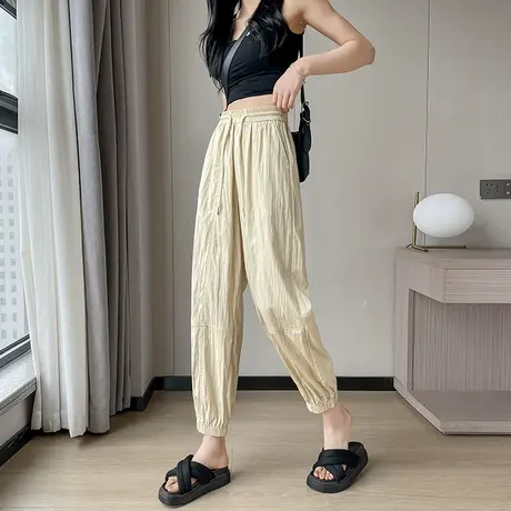 束脚休闲灯笼裤女夏季薄款直筒小个子棉麻速干肌理感九分哈伦裤子图片