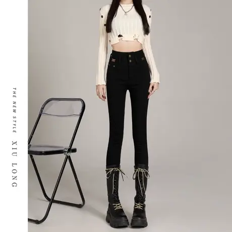 紧身小脚牛仔裤女秋季2023新款辣妹百搭修身高腰显瘦黑色铅笔裤子图片