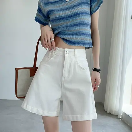 白色牛仔短裤女2024年夏季薄款高腰a字宽松显瘦卷边阔腿五分中裤商品大图