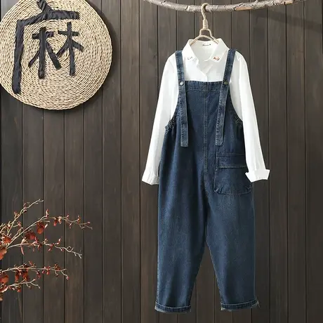 枫谜2022年春装新款文艺复古口袋牛仔背带裤女宽松显瘦牛仔长裤图片