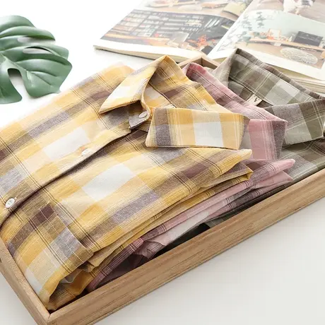 夏季文艺棉格子衬衫女学生宽松长袖小众简约衬衣外套防晒清新上衣商品大图