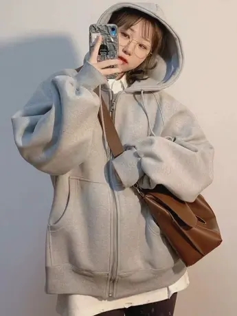 美式复古oversize卫衣女2023春秋薄款宽松慵懒风连帽开衫拉链外套商品大图