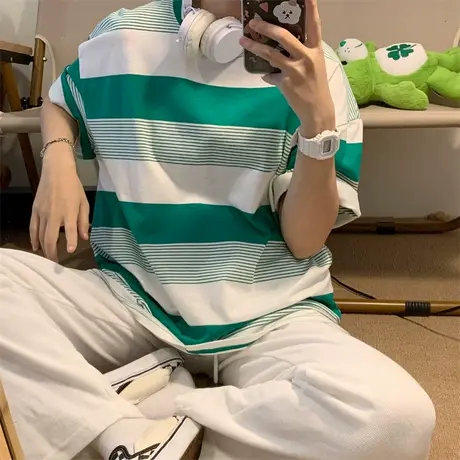 红续绿色条纹短袖t恤女夏季2023新款宽松韩版休闲盐系小个子上衣商品大图