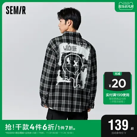 森马长袖衬衫男冬季潮流印花街头风上衣时尚休闲宽松格子夹克衬衣图片