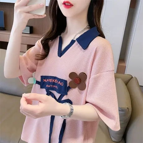 小众设计感短袖t恤女夏季韩版宽松大码翻领polo衫小个子短款上衣商品大图