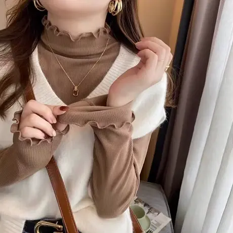 半高领木耳边加绒保暖螺纹磨毛打底衫女秋冬内搭长袖T恤修身上衣商品大图