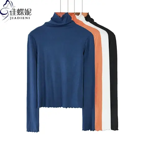 基础款长袖T恤内搭女高领打底衫秋冬木耳边修身显瘦纯白纯色上衣商品大图
