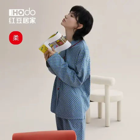 【柔柔棉】红豆睡衣女纯棉春秋长袖家居服高级感棋盘格可外穿套装商品大图