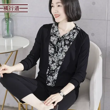 2025春季新款淑女碎花飘带领雪纺假两件长袖T恤女装外穿大码上衣商品大图