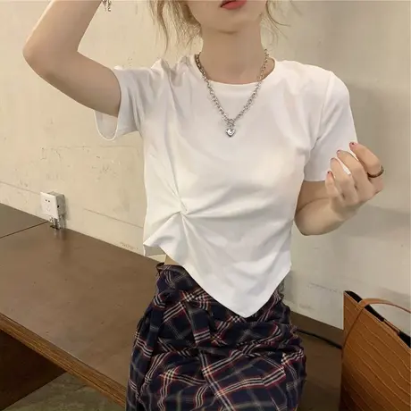 2024夏季新款不规则设计感白色短袖T恤女夏小众褶皱短款上衣ins潮商品大图