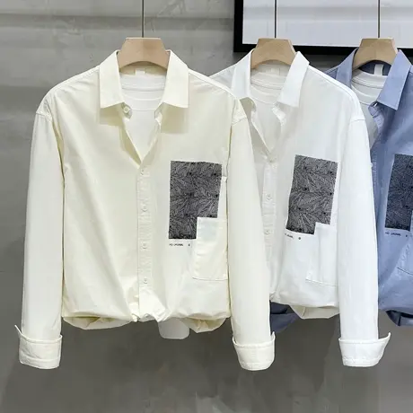 日系学院风秋季潮流休闲衬衣文艺宽松外套撞色拼接印花长袖衬衫男商品大图