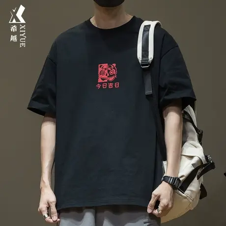 希越潮牌发泡印花短袖T恤男士夏季250g重磅纯棉宽松大码半袖上衣商品大图