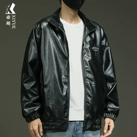 希越秋冬款加厚PU皮衣男士外套宽松大码雪尼尔拼接防风皮夹克外衣商品大图