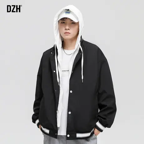 男士黑色连帽外套男潮流春秋假两件连帽拼接休闲夹克2023新款帽衫商品大图