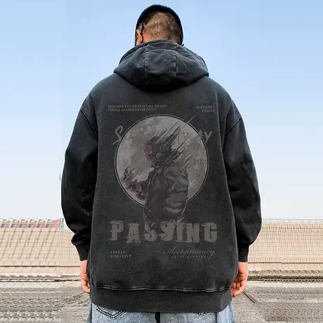 宇航员美式复古大码卫衣男ins纯棉重磅水洗做旧高街外套加绒加厚商品大图