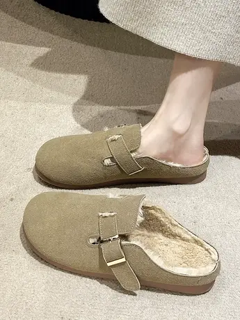 网红包头毛毛拖鞋女秋冬外穿2023年新款加绒勃肯鞋一脚蹬平底半拖商品大图