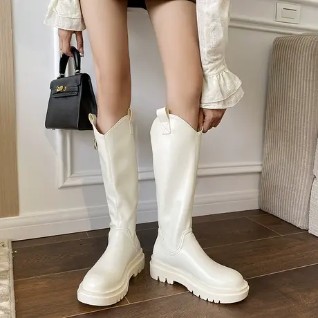 2023秋冬季新款小个子厚底长筒靴高筒骑士靴白色不过膝长靴女靴子图片