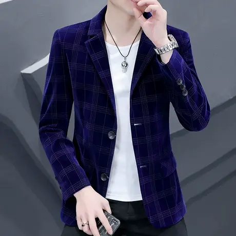 春秋季高端平绒格子西服男士外套韩版潮流金丝绒小西装男装上衣服商品大图