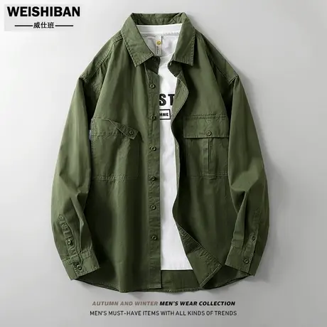 美式复古军绿色工装衬衫男士纯棉春秋季新款潮流简约时尚衬衣外套商品大图